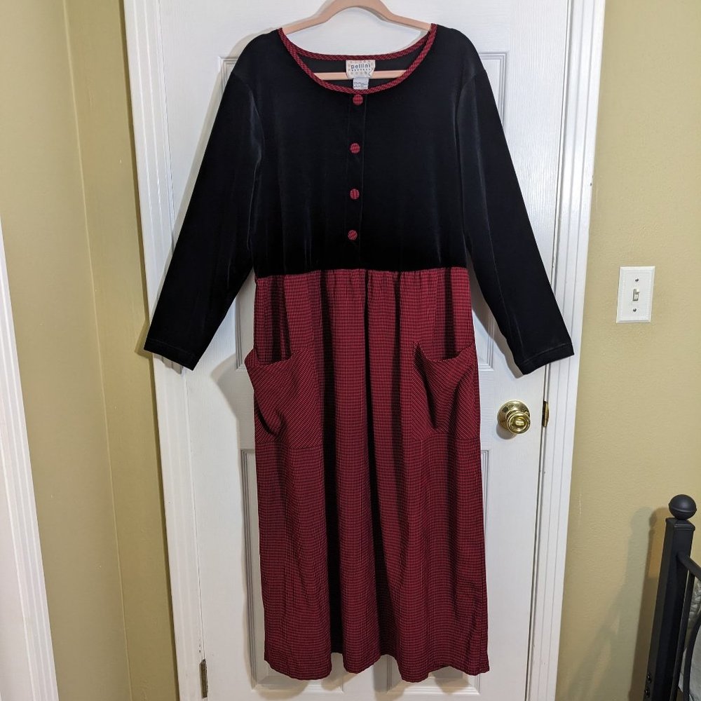 Pellini 1990s Vintage Black Velvet & Red Checkered Maxi Apron Dress - size 18/20